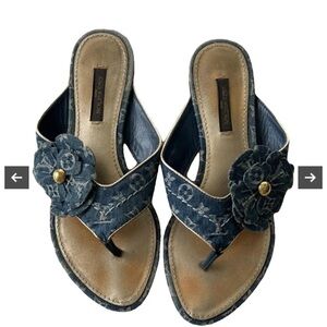 LOUIS VUITTON Blue Denim LV Monogram 'Freesia' Thong Sandals 7.5 37.5